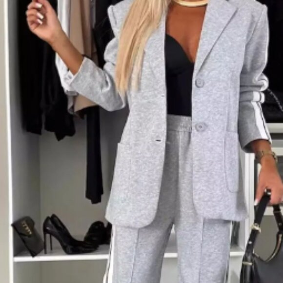 Pants - #184  CONTRAST LAPEL COLLAR TOP AND PANTS SET